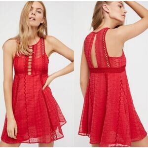 Free People Wherever You Go Red Boho Crochet Mini Dress With‎ Pockets Size 0